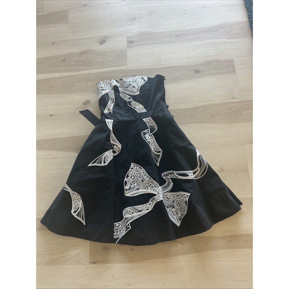 WHBM Strapless Black Fit & Flare White Embroidered Ribbon Cocktail Party Dress